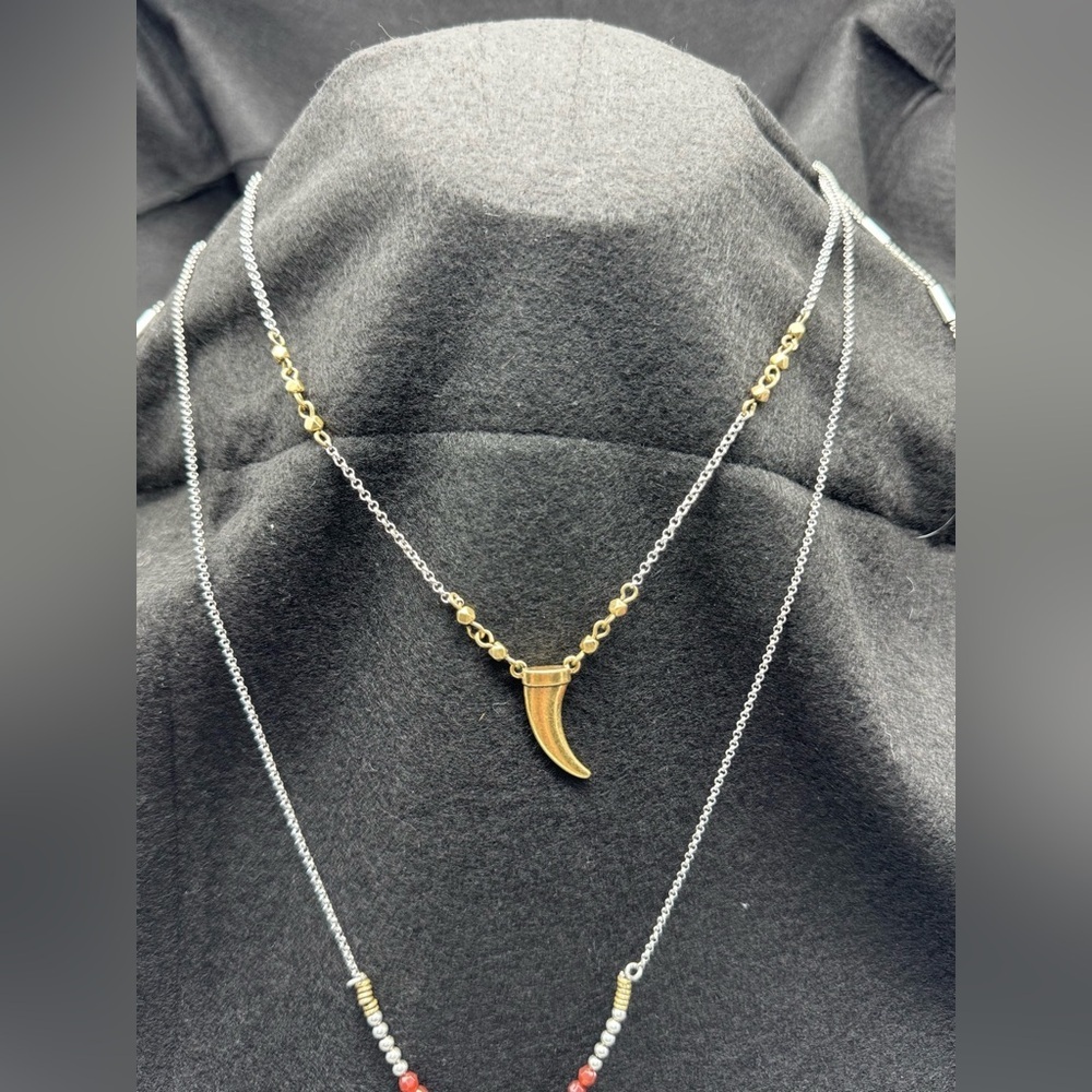 Lucky Brand Horn Bead Chain Gold Silver Two Tone Lg Faux Ivory Horn Red Crystals - Picture 4 of 10